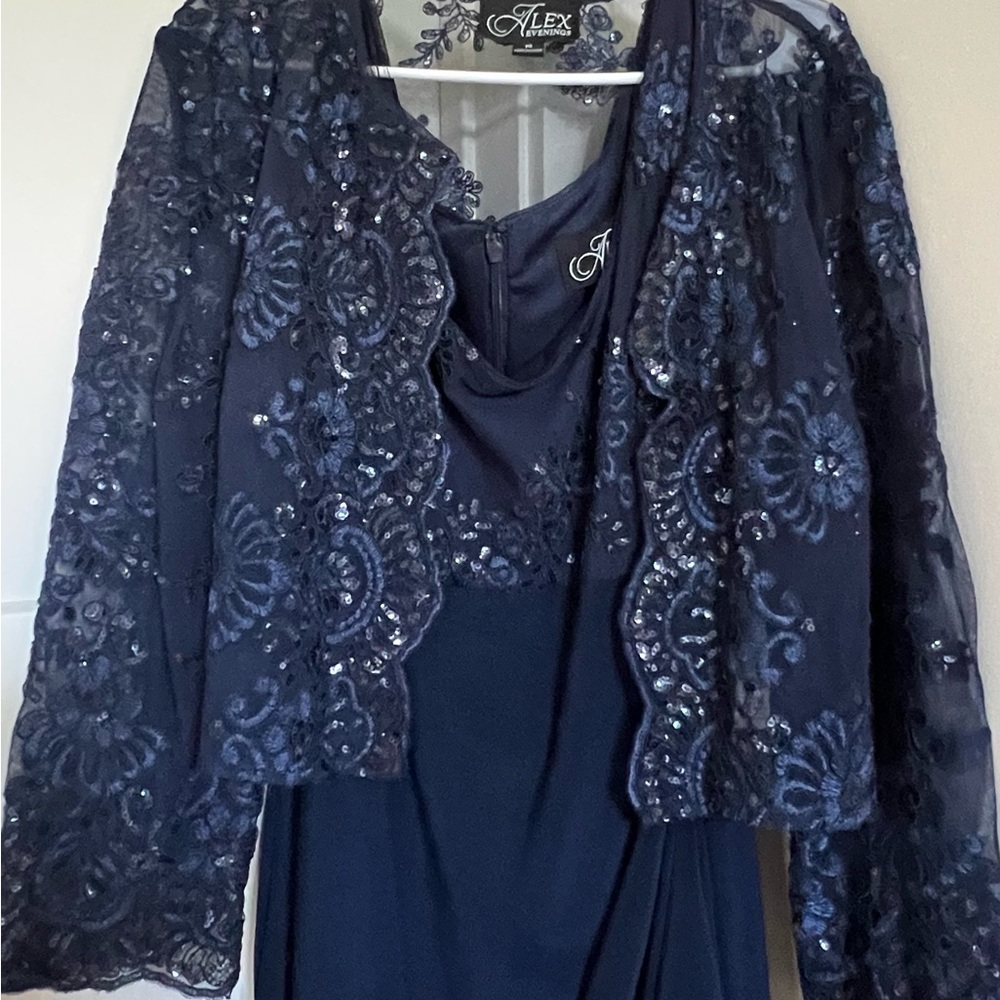 Elegant Navy Blue Gown with Lace Overlay
